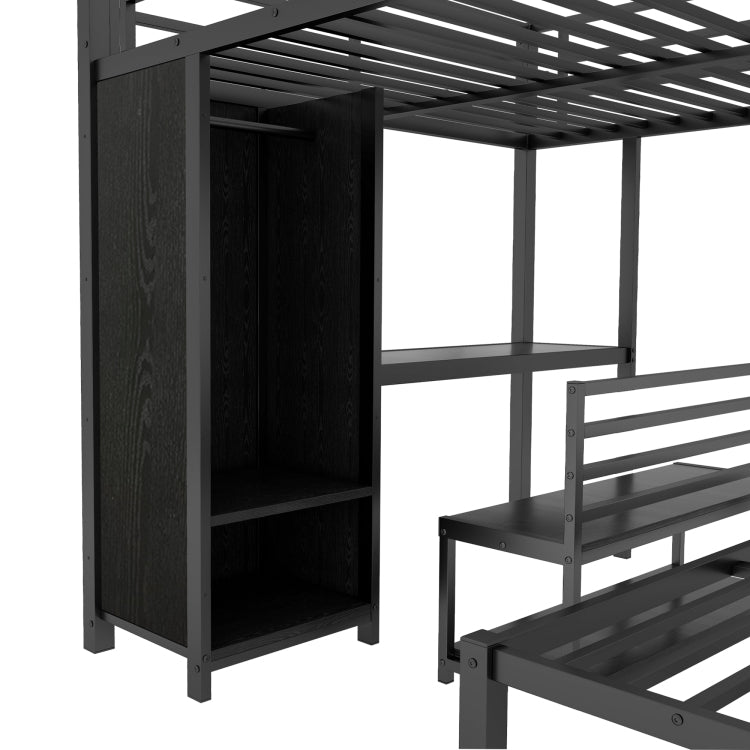 Queen Over Queen Size Bunk Bed Frame With Built In Wardrobe, Metal Bunk Bed With Desk And Storage Chairs, Black