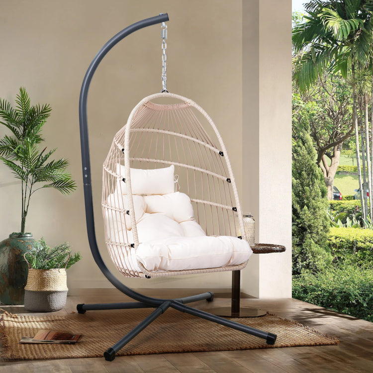 Foldable Hanging Egg Chair With Stand And Pillow, Hdpe Rattan And Heavy Duty Aluminum Steel Frame, Outdoor Patio Wicker Swing Egg Chair With Headrest And Cushioned, Beige