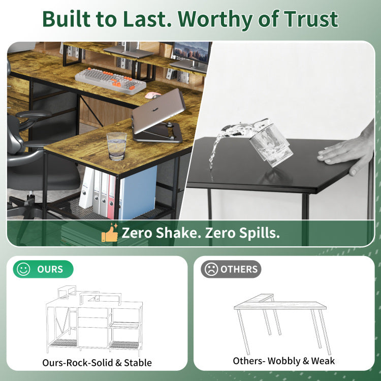 114" L Shaped Desk With Power Hub, Industrial Gaming Desk 6 Drawers, Removable Monitor Stand, Rustic Brown Home Office