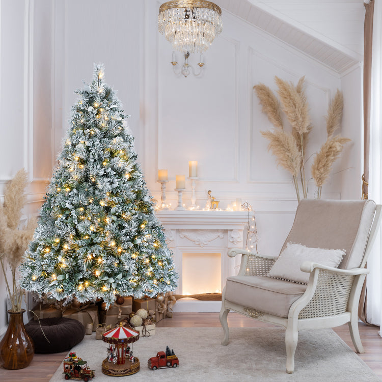 4Ft Prelit Flocked Christmas Tree With Pine Needles & Eucalyptus Leaves, 150 Warm White Led Lights, 404 Tips, Hinged Branches, Metal Stand Snowy Artificial Tree For Holiday Decor