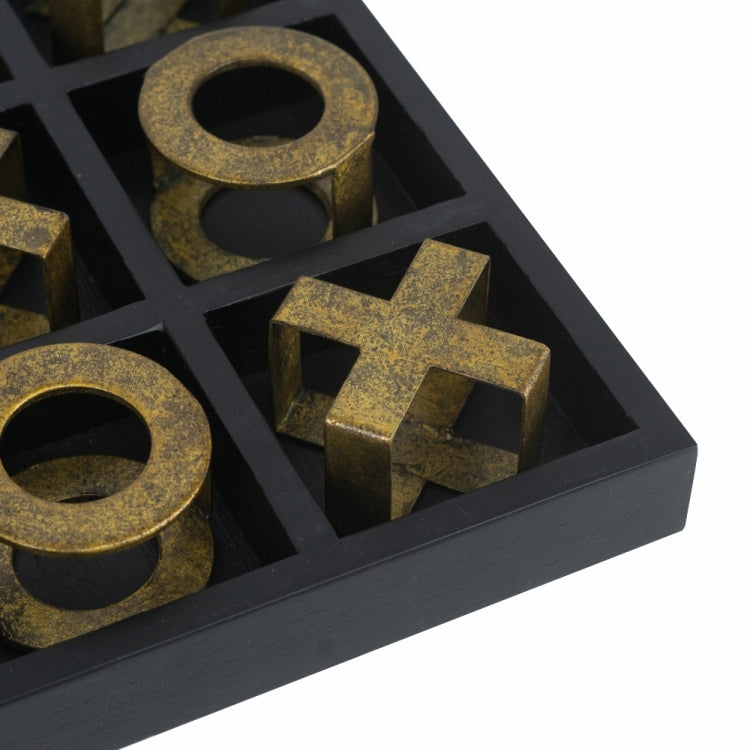 9.8X9.8X1.2" Black Wooden Tic Tac Toe Game Set With Gold Iron Pieces