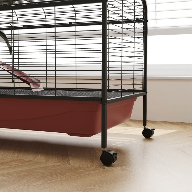 Pawhut 48" L Small Animal Cage, Rabbit Hutch, Or Ferret Pet Play House With Feeder, Rolling Wheels, Platform, Ramp