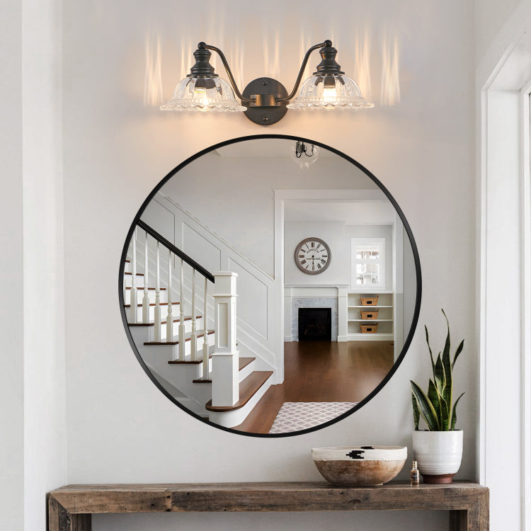 20 Inch 2 Light Vintage Bathroom Wall Sconce Elegant Black Metal And Glass Lampshade Vanity Light Fixture For Bathroom, Hallway, Or Bedroom Bulb Not Included