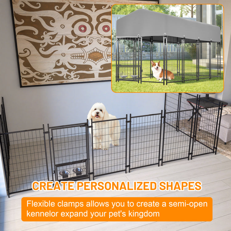 Dog Kennel Outdoor With Roof, 4.23'X7.81'X4.83' Welded Wire Enclosure, Heavy Duty Dog Crate With Uv Resistant Waterproof Cover, Double Lock & Rotating Feeder For Medium Large Dogs