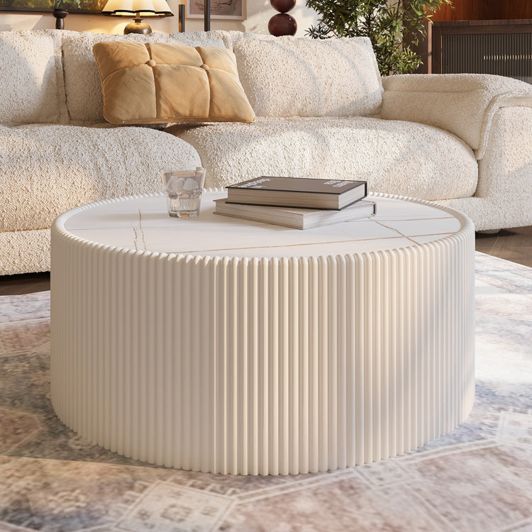 Light Sintered Stone Top Cylinder Shape Leather Coffee Modern Sofa Table For Living Room Furniture Each Tabletop Has A Unique Gold Pattern