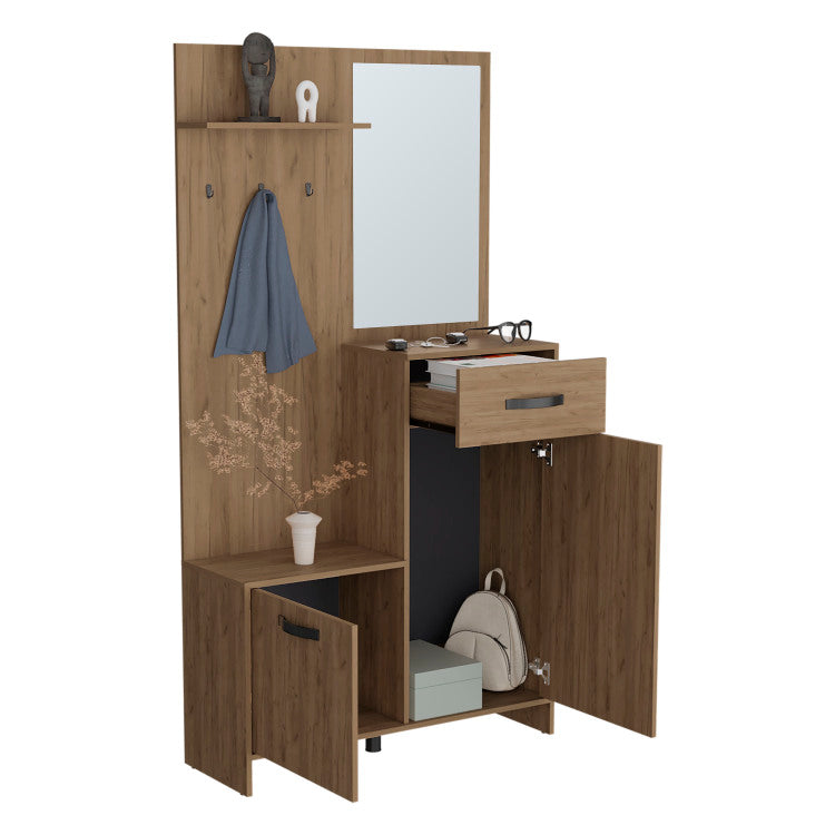 Parker 75" Tall Mirrored Tree Hall With Hangers, Three Shelves, Two Cabinets, One Drawer, Entry Way, Console Table, Living Room Light Oak