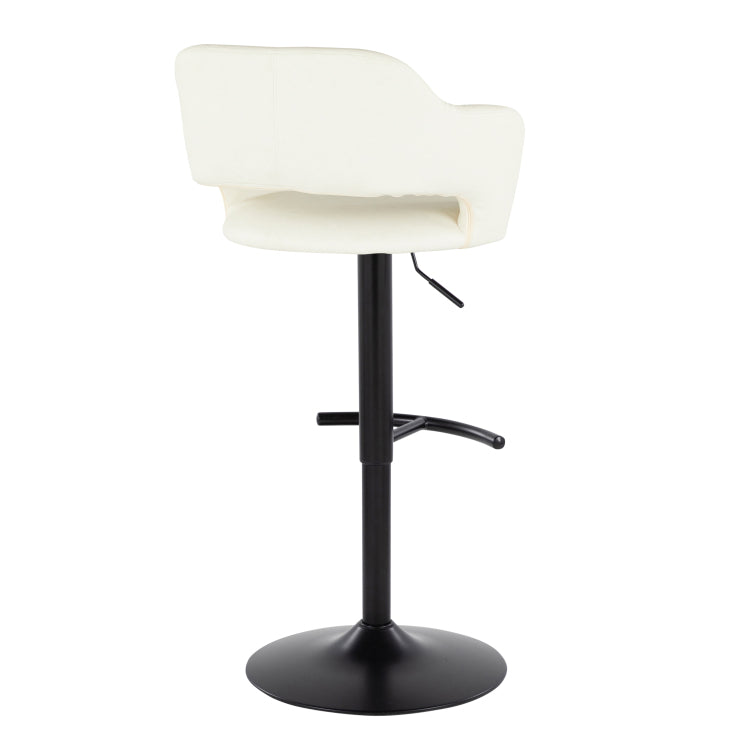 Contemporary Adjustable Barstool With Swivel In Black Metal And Cream Faux Leather With Rounded T Footrest Set Of 2