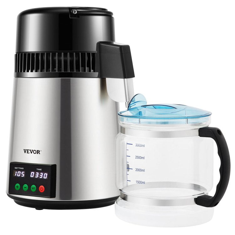 1.1 Gal Water Distiller, 0.3 Gal H, 750W Distilled Water Maker Machine 0 99H Timing Set Temp Display, 304 Stainless Steel Countertop Distiller Glass Carafe Cleaning Powder 3 Carbon Packs, Silver