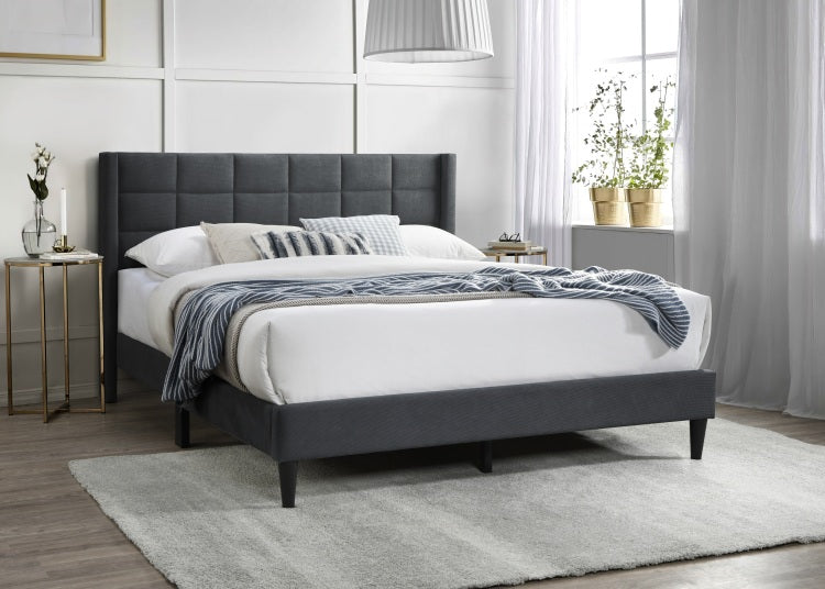 Elegant Modern Charcoal Brushed Linen 1Pc Queen Size Bed Upholstered Box Design Headboard Bedframe