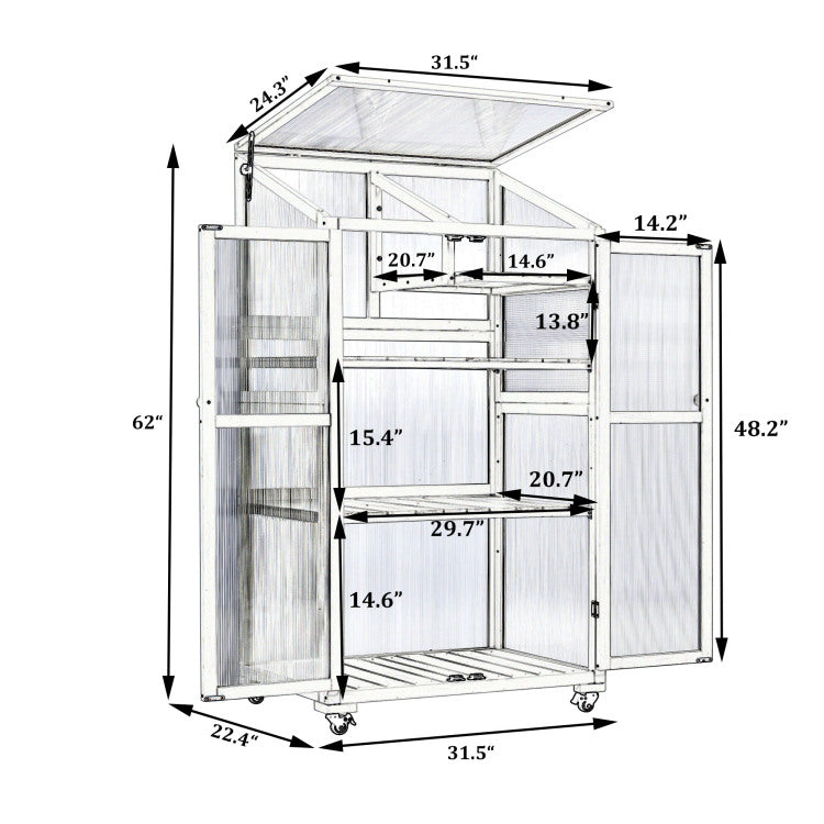 62Inch Height Wood Large Greenhouse Balcony Portable Cold Frame With Wheels And Adjustable Shelves For Outdoor Indoor Use, Forest Green