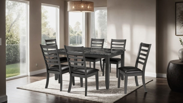 Simple Classic Dark Gray 7Pc Dining Set Faux Marble Top Dining Table 6Xside Chairs Fabric Seats Dining Room Furniture