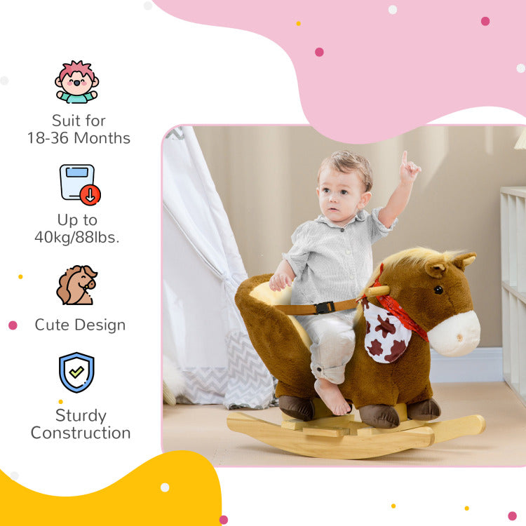 Qaba Baby Rocking Horse, Riding Horse, Plush Animal Rocker With Realistic Sound, Pedals For Ages 18 36 Months, Brown