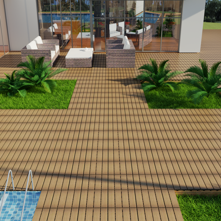 Patio Floor Tiles Pack Of 11 Wpc Wood Plastic Composite Patio Deck Tiles Diy Interlocking Decking Tiles, Quick Deck Floor Tile, Court Tile, Water Resistant Indoor Outdoor 11.8" Oak