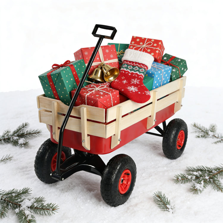 Outdoor Sport Wagon Tools Cart Wooden Side Panels Air Tires Wagon Red