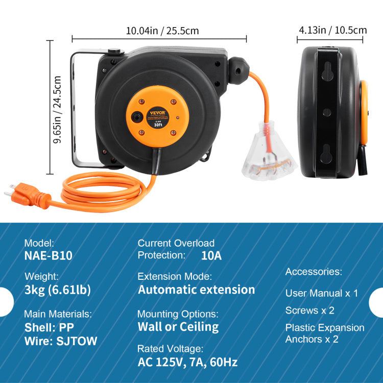 Retractable Extension Cord Reel, 30 Ft, Heavy Duty 16Awg 3C Sjtow Power Cord, With Lighted Triple Tap Outlet 10 Amp Circuit Breaker, For Ceiling Or Wall Mount Garage And Shop, Etl Listed