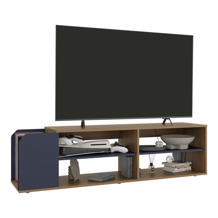 Solene Tv Stand With Open Shelves For Various Modern Storage, Media Console For Living Room, Natural Oak, Blue