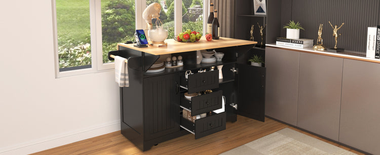 K&K 55.7'' Large Kitchen Island With 2 Drop Leaf, Rolling Kitchen Cart On 5 Wheels With Power Outlet, Folding Storage Dining Table With Spice & Towel Rack , 3 Drawers, For Kitchen, Dining Room,Black