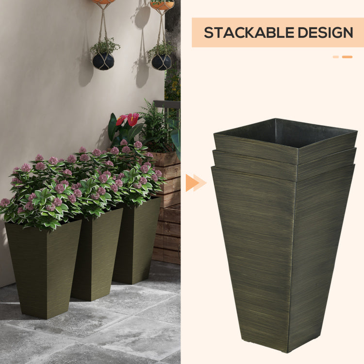 Outsunny 28" Tall Outdoor Planters, Set Of 3 Large Taper Planters With Drainage Holes And Plug, Faux Wood Plastic Flower Pots For Outdoor, Indoor, Garden, Patio, Dark Brown