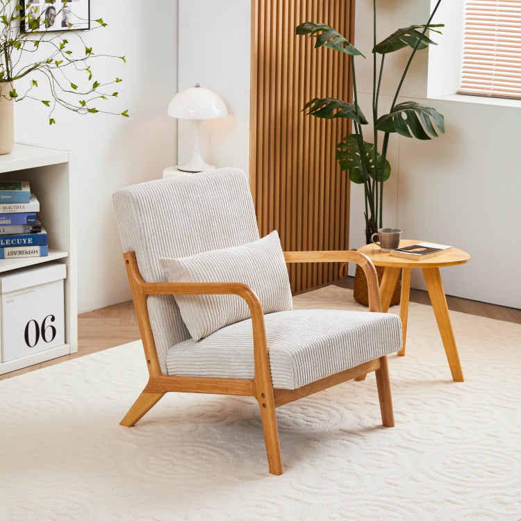 Mid Century Modern Accent Chair, Arm Chair Living Room Chairs With Pillow Upholstered Reading Chair With Solid Wood Frame & Living Room Bedroom Balcony Beige