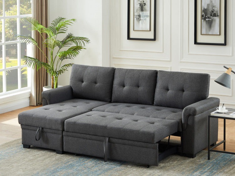 Jardin 84"W Dark Gray Linen Reversible Sleeper Sectional Sofa With Storage Chaise