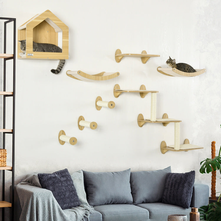 Pawhut Unique Cat Tree Made From Cat Shelves With 10 Levels For More Height, Wall Mounted Cat Tree Climbing Playground With Cat Hammocks, Modern Cat Tree