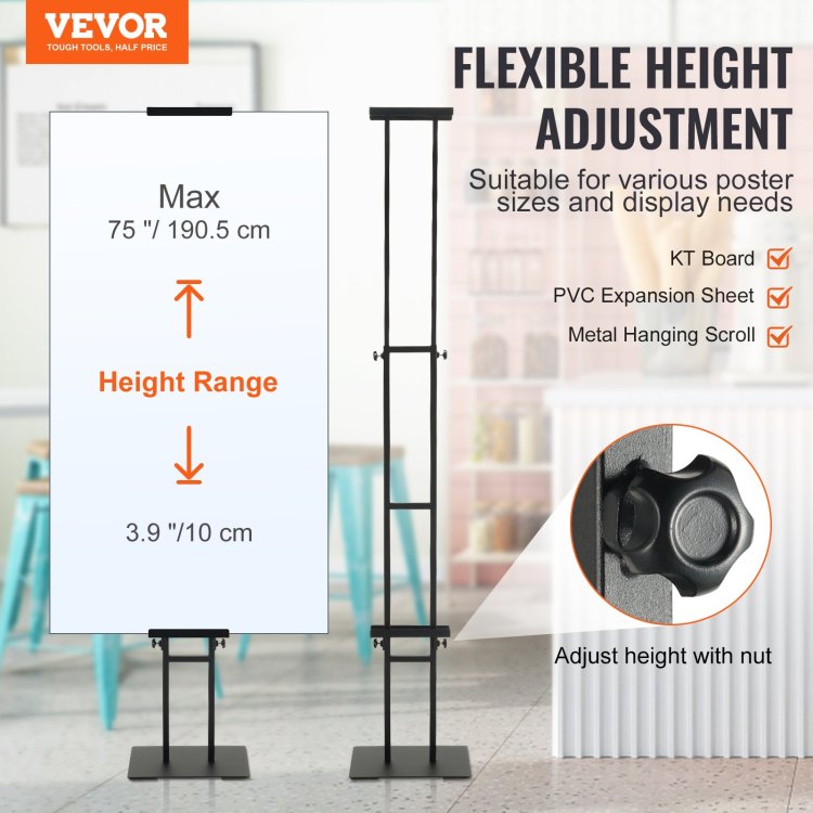 Poster Stand, Adjustable Height Up To 75", Double Sided Heavy Duty Pedestal Sign Holder, Floor Standing Sign Holder Banner Stand With Shock Absorbing Base For Display, For Board And Foam, Black