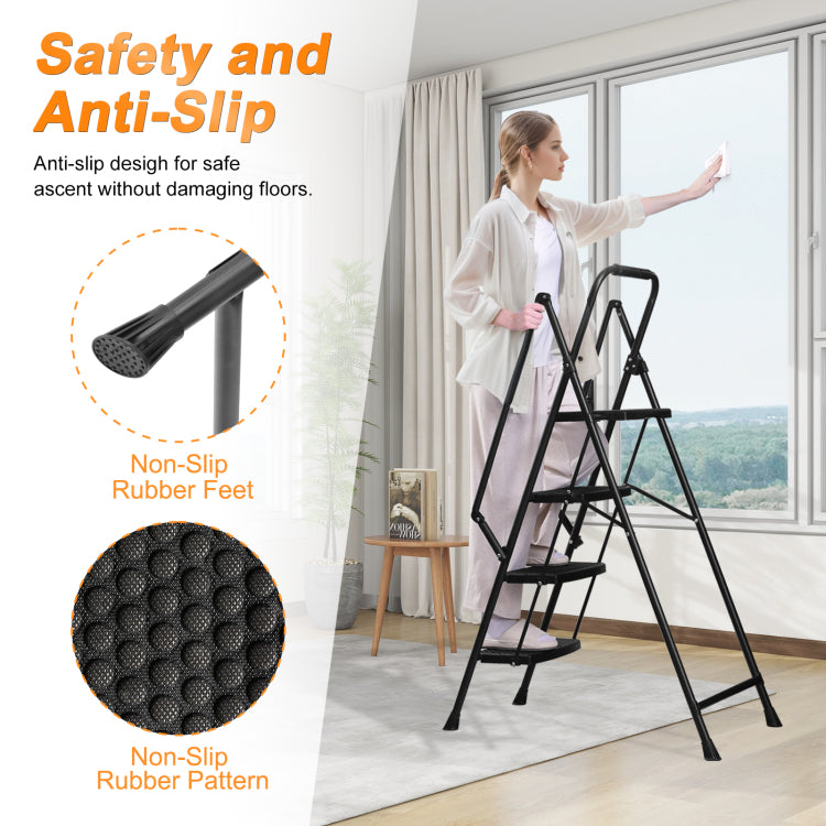 Four Step Ladder, Lightweight Folding Four Step Stool, Wide Anti Slip Pedal And Safety Handle, Sturdy Steel Ladder, Multi Purpose Step Ladder, Suitable For Home, Kitchen, And Office Elevators