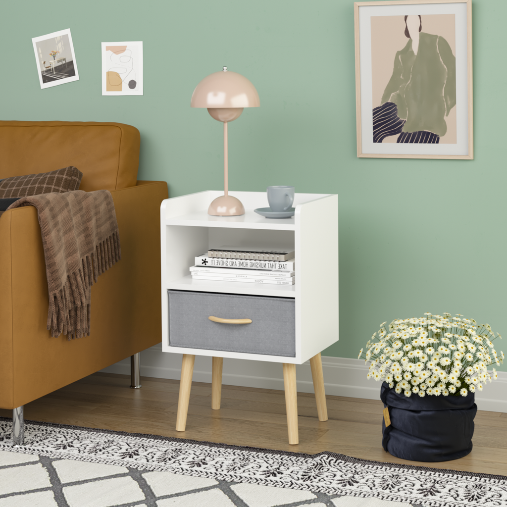 Nightstand With Collapsible Fabric Drawer, 2 Tier Storage End Table, Wood Side Table With Storage Cabinet For Kids, Adults White