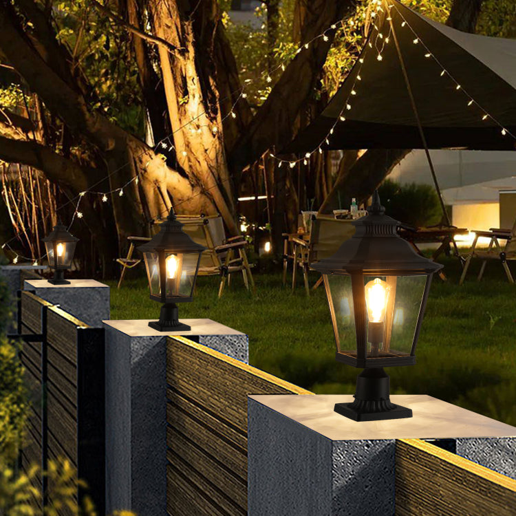 21" H 1 Pack Outdoor Post Lantern Light Vintage Black Metal & Clear Glass Pillar Lamp For Garden, Gate, Driveway, And Pathway Lighting With Elegant Design Bulb Not Included