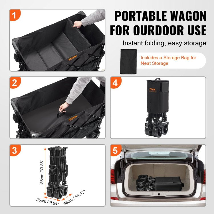 Foldable Double Decker Wagon, 400L Collapsible Wagon Cart With All Terrain Wheels, Heavy Duty Folding Wagon Cart 350 450 Lb Weight Capacity For Camping, Shopping, Garden, 52" Extra Long Extender