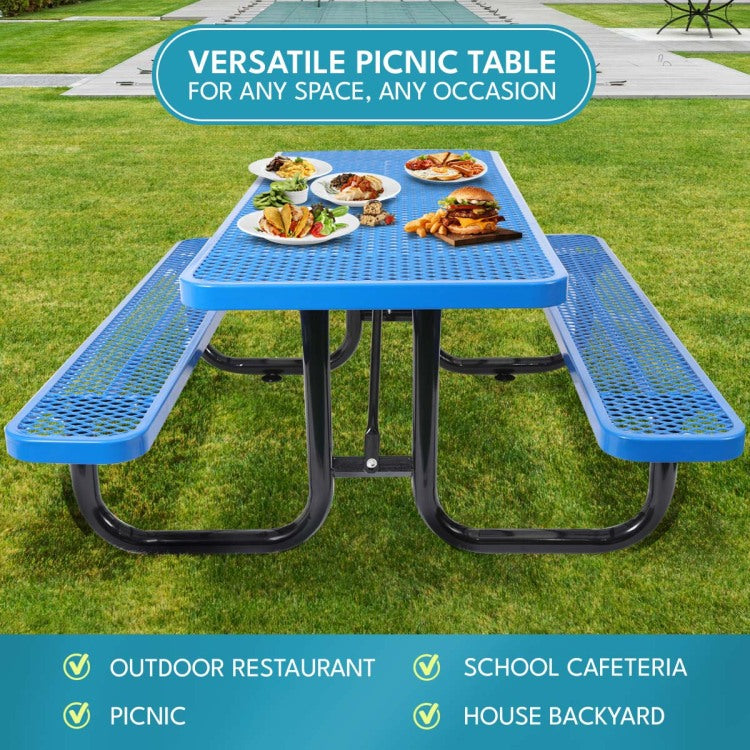 6 Ft. Rectangular Outdoor Steel Picnic Table With Umbrella Pole In Blue