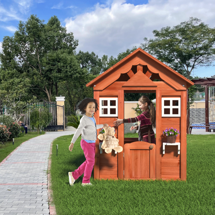 Wooden Kids Playhouse With 2 Windows And Flowerpot Holder,42"Lx46"Wx55"H,Golden Red