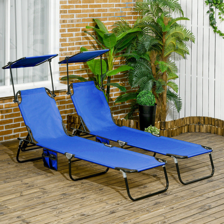 Outsunny Folding Chaise Lounge Pool Chairs, Outdoor Sun Tanning Chairs With Canopy Shade, Reclining Back, Steel Frame And Side Pocket For Beach, Yard, Patio, Blue