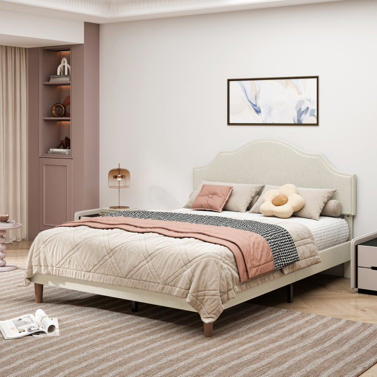 Queen Size Bed Frame Upholstered Platform Bed With Adjustable Headboard,Linen Fabric Padded,Modern Simple Style Platform Bed No Box Spring Needed, Easy Assembly, Beige