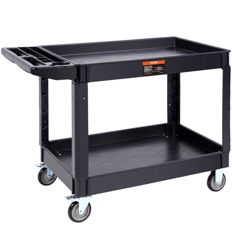 Utility Service Cart, 2 Shelf 550Lbs Heavy Duty Plastic Rolling Utility Cart With 360 Swivel Wheels 2 With Brakes , Large Lipped Shelf, Ergonomic Storage Handle For Warehouse Garage Cleaning