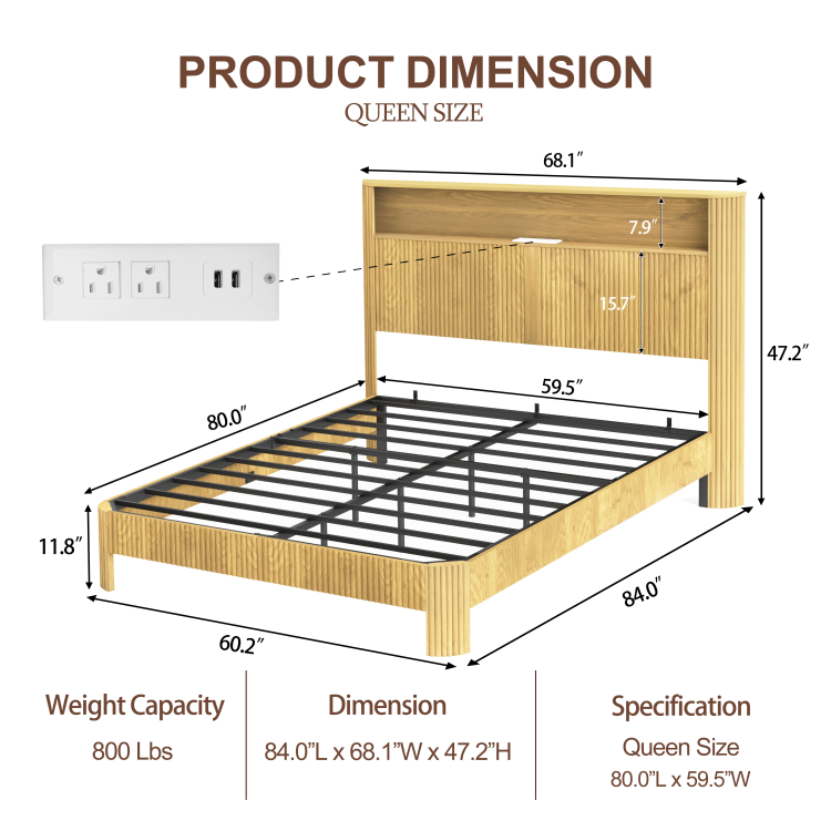 Queen Size Bed Frame With Storage Headboard, Built In Charging Station, Wavy Curved Lines Design, Silent Operation, Metal Support, Natural