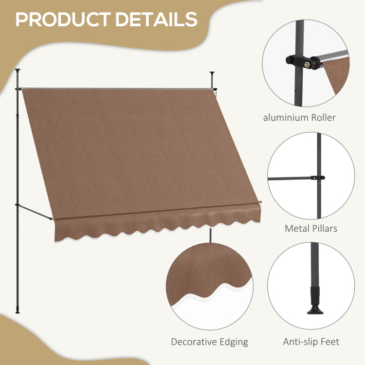 Outsunny Manual Retractable Awning, 118" Non Screw Freestanding Patio Sun Shade Shelter With Support Pole Stand And Uv Resistant Fabric, For Window, Door, Porch, Deck, Coffee