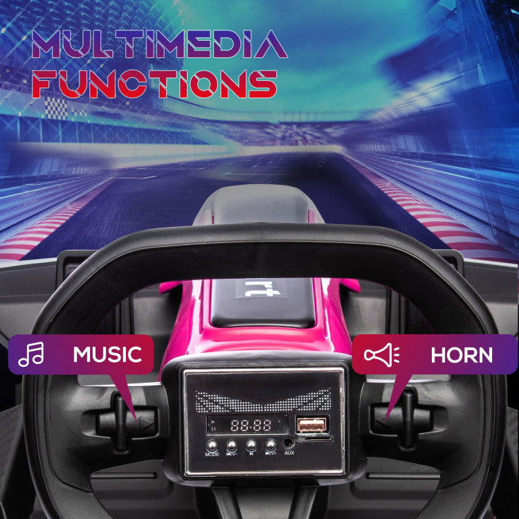 Aosom 24V 7.5 Mph Electric Go Kart With Adjustable Seat, Drifting Car Battery Powered Ride On Toy Outdoor With Slow Start, Button Start, Music, Honking Horn, Lights, For 6 12 Years Old, Pink