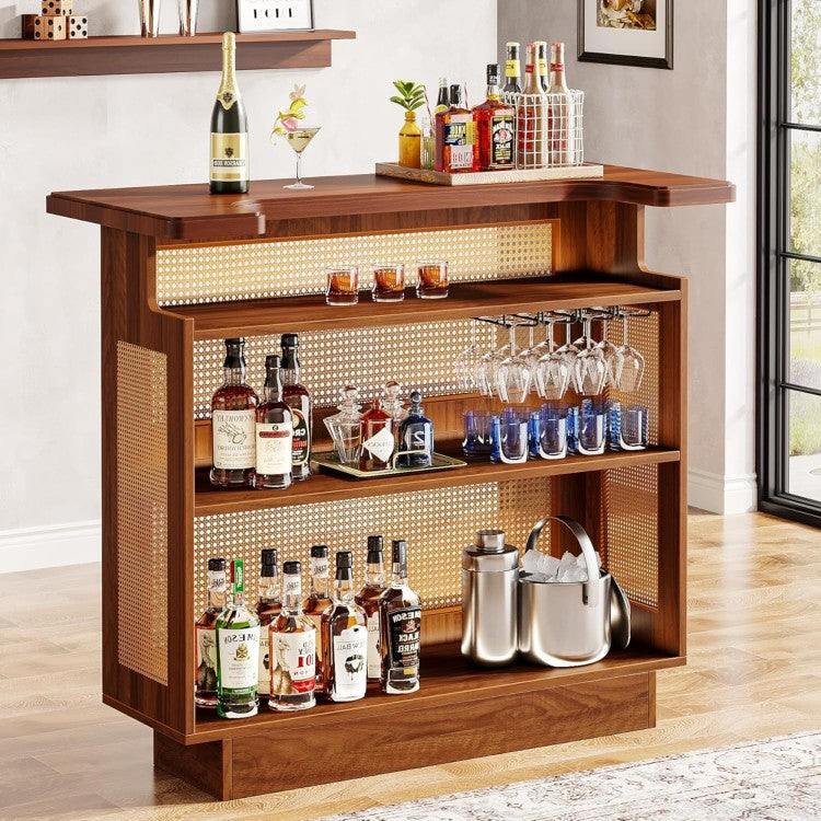 47.24 Inches Farmhouse Caramel Brown Rattan Home Bar Unit, 4 Tier Liquor Cabinet With Stemware Racks For Living Room