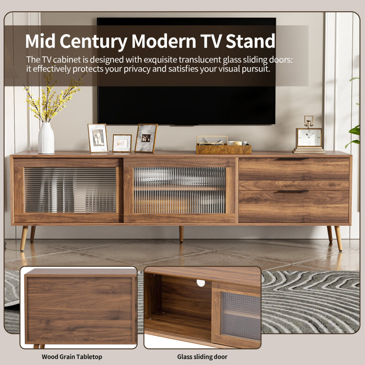 Modern Tv Stand For 75" Tv, Tv Console With 2 Glass Doors, Entertainment Center With 2 Drawers & Storage Cabinet, 70" Media Console Table For Living Room, Bedroom