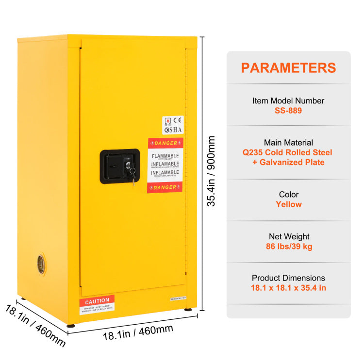 Flammable Cabinet 18.1" X 18.1" X 35.4", Galvanized Steel Safety Cabinet, Adjustable Shelf Flammable Storage Cabinet, For Commercial Industrial And Home Use