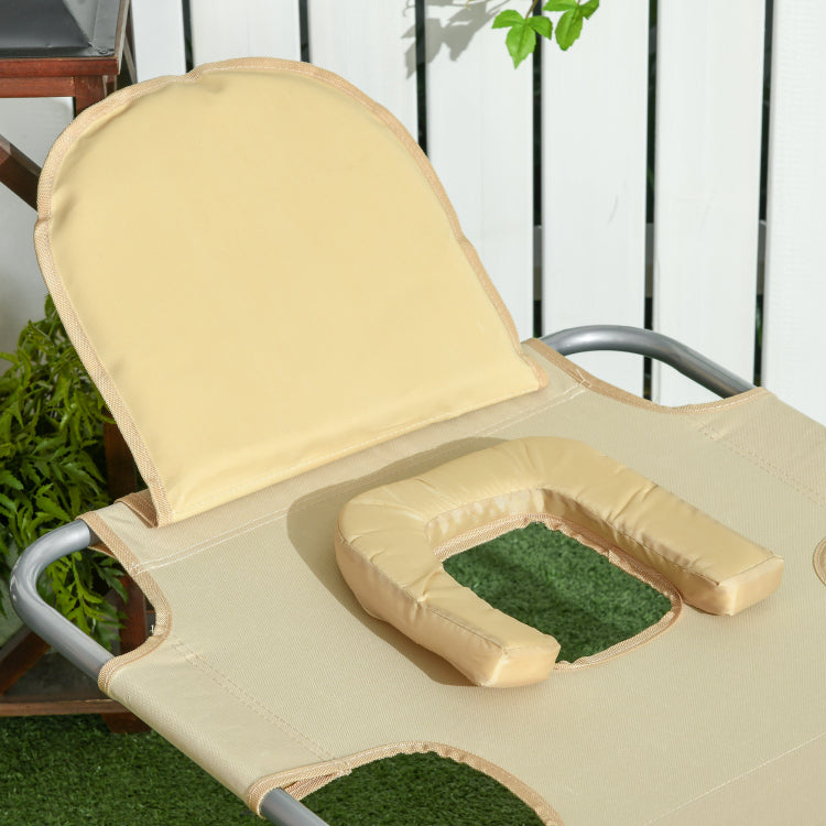 Outsunny Folding Beach Lounge Chair With Face Hole And Arm Slots, 5 Level Adjustable Sun Lounger Tanning Chair With Pillow For Patio, Garden, Beach, Pool, Beige