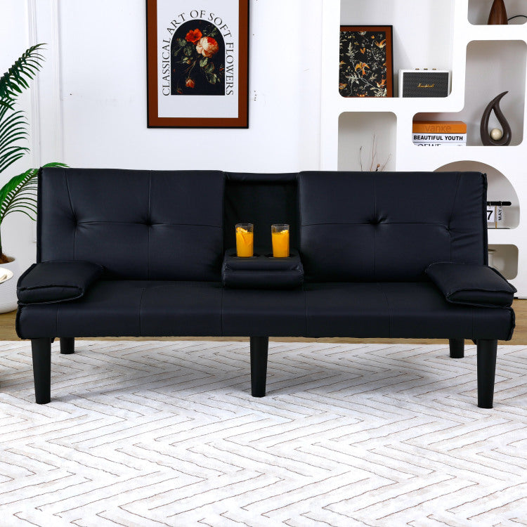 The 67 Inch Black Pvc Multi Functional Sofa Bed With A Foldable And Cup Holder Design Makes It Extremely Convenient To Turn The Living Room Into A Guest Room