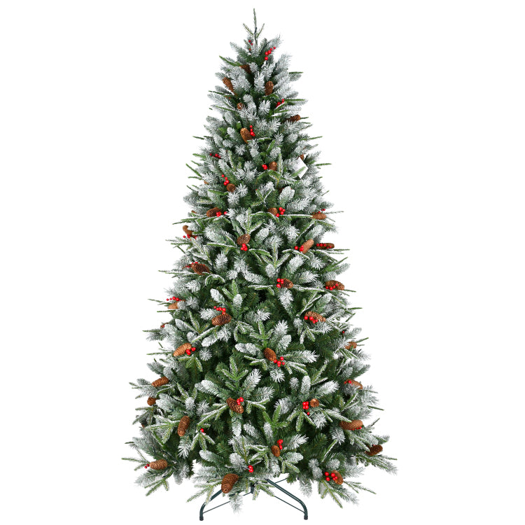 4Ft Christmas Tree With 747 Tips, Red Berries & Pine Cones Snow Dusted Pe Pvc Branches, Hinged Design For Easy Setup, Sturdy Metal Stand Full, Natural Holiday Tree Decoration