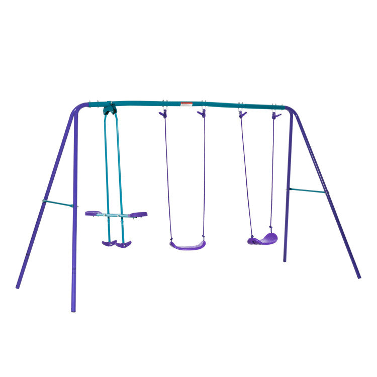 Outsunny Metal Swing Set With Glider, Two Swing Seats And Adjustable Height, Outdoor Heavy Duty A Frame Suitable For Playground, Backyard, Purple
