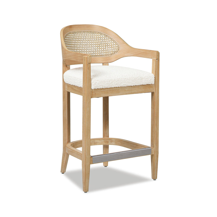 Americana Mid Century Modern 26" Cane Back Counter Stool, Ivory White Boucle