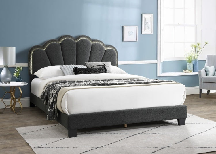 Full Size Bed Charcoal Wool Fabric Floral Design Headboard W Led Fully Upholstered Platform Bedroom Furniture
