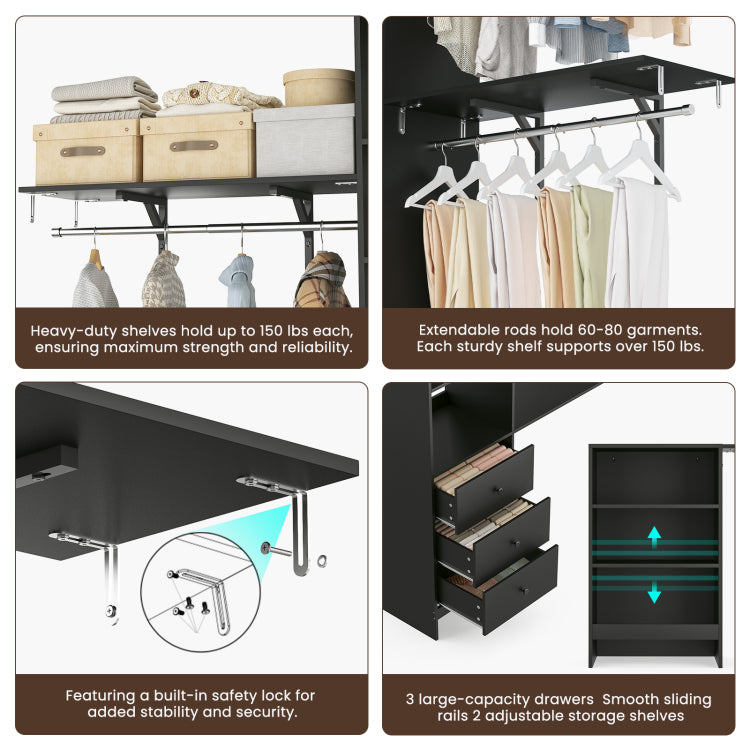 Closet Organizer High Capacity Wardrobe Rack With 3 Drawers, Shelves & Expandable Hanger Rods, Fits 6 9 Ft Spaces, Durable & Stylish 96" L X 16" W X 75" H, Supports Up To 1000 Lbs