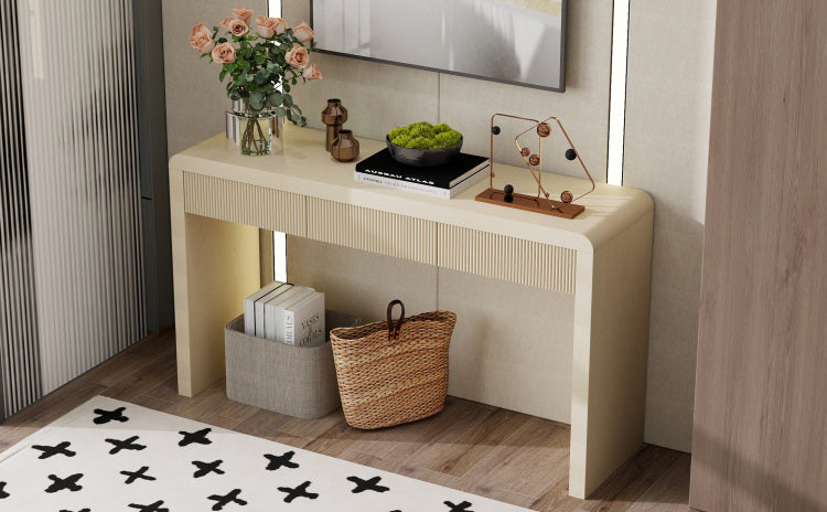 Rustic Console Table With 3 Fluted Drawers Solid Wood Veneer Entryway Table Featuring Natural Wood Grain For Living Room, Hallway Apricot