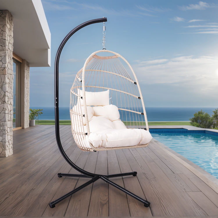 Foldable Hanging Egg Chair With Stand And Pillow, Hdpe Rattan And Heavy Duty Aluminum Steel Frame, Outdoor Patio Wicker Swing Egg Chair With Headrest And Cushioned, Beige